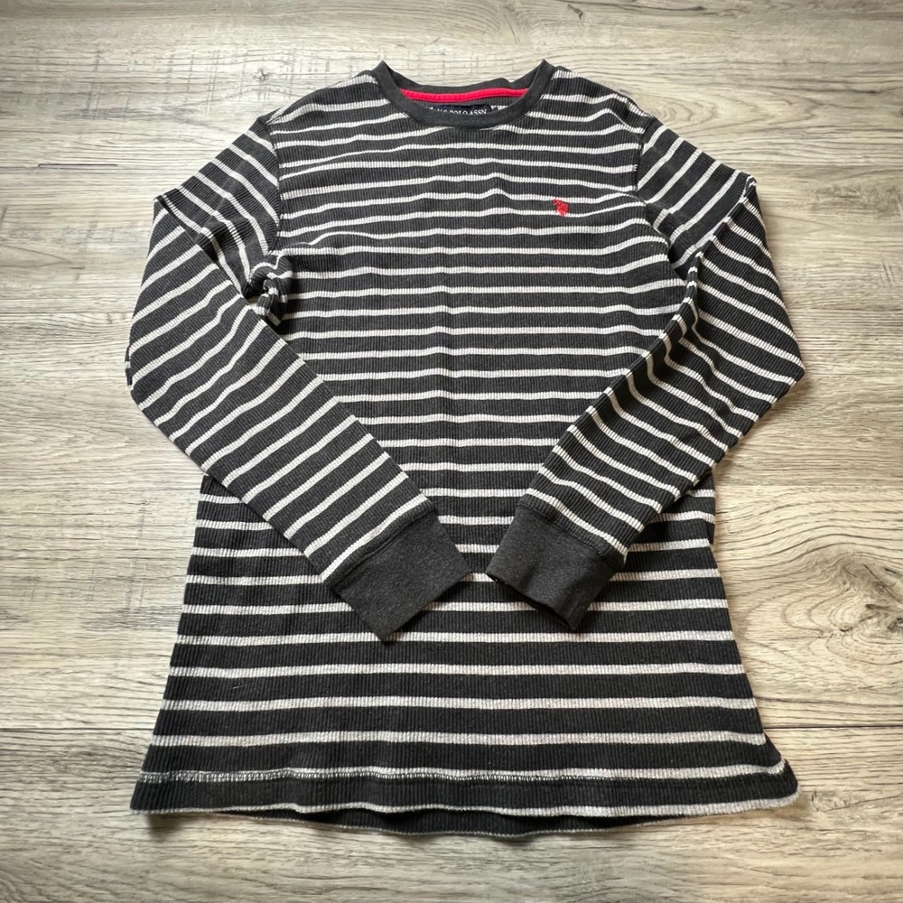 US Polo Assn Thermal Shirt Mens L Grey White Striped Long Sleeve Waffle Knit